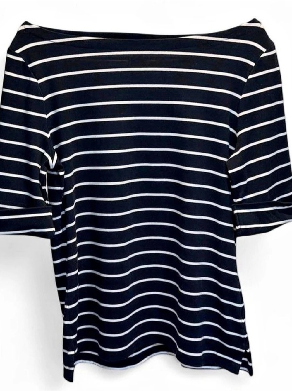 Lauren Ralph Lauren Striped Stretch Cotton Boatneck Tee Black & White XL